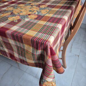 Vintage fall vibe April Cornell Plaid Tablecloth, Cutwork Floral Border cover